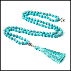 Handmade Natural Wood Mala Beads Necklace with Silk Tassel Boho Meditation